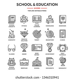 School education, university. Study, learning process. Oline lessons, tutorial. Student knowledge. History book.Thin line web icon set. Outline icons collection.Vector illustration.
