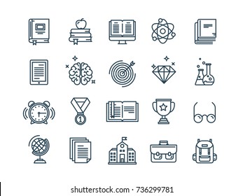 School education, university. Study, learning process. Oline lessons, tutorial. Student knowledge. History book.Thin line web icon set. Outline icons collection.Vector illustration.