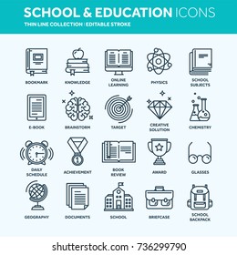 School education, university. Study, learning process. Oline lessons, tutorial. Student knowledge. History book.Thin line web icon set. Outline icons collection.Vector illustration.