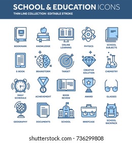 School education, university. Study, learning process. Oline lessons, tutorial. Student knowledge. History book.Thin line web icon set. Outline icons collection.Vector illustration.