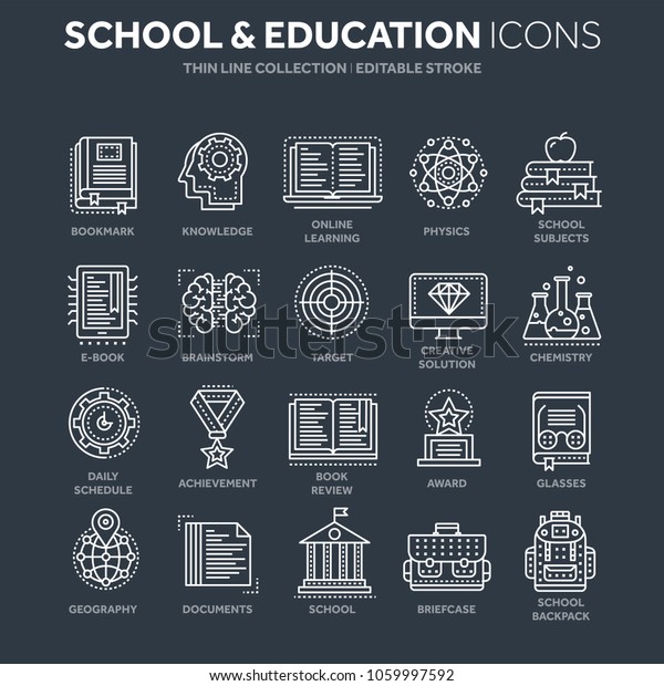 School\
education, university. Study, learning process. Oline lessons,\
tutorial. Student knowledge. History book.Thin line white web icon\
set. Outline icons collection.Vector\
illustration.