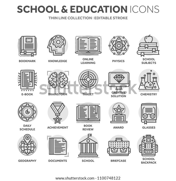 School\
education, university. Study, learning process. Oline lessons,\
tutorial. Student knowledge. History book.Thin line black web icon\
set. Outline icons collection.Circle\
element.