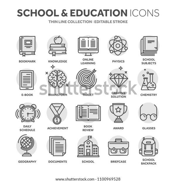 School\
education, university. Study, learning process. Oline lessons,\
tutorial. Student knowledge. History book.Thin line black web icon\
set. Outline icons collection.Circle\
element.