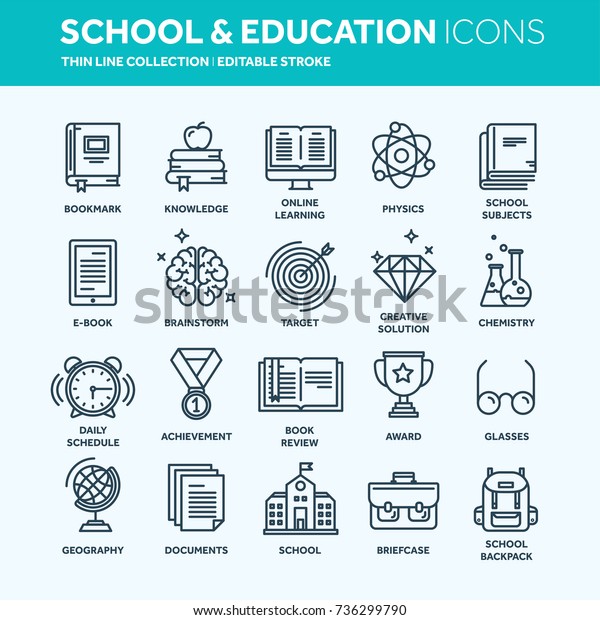 School\
education, university. Study, learning process. Oline lessons,\
tutorial. Student knowledge. History book.Thin line web icon set.\
Outline icons collection.Vector\
illustration.
