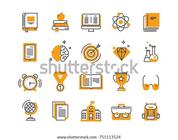 School\
education, university. Study, learning process. Oline lessons,\
tutorial. Student knowledge. History book.Thin line web icon set.\
Outline icons collection.Vector\
illustration.
