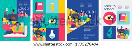 School and education. Vector abstract geometric illustration of students, schoolchildren, stationery, for poster, background or cover. Back to school.
