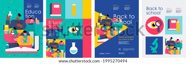 School and education. Vector abstract\
geometric illustration of students, schoolchildren, stationery, for\
poster, background or cover. Back to\
school.