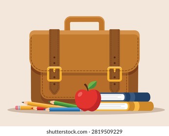 School education vector with briefcase books apple and stationery supplies perfect for classroom learning student resources back to school promotions educational presentations and commercial graphic projects