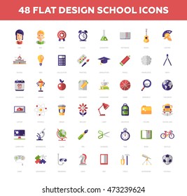 School and education vector college flat design icons, pictograms set. Science, art, children, stationery, lessons, graduation, award, homework, tests