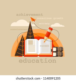 School and education vector flat design single isolated icon, pictogram. School, education. Vector illustration of the concept of self-development and success.