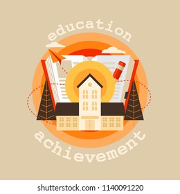 School and education vector flat design single isolated icon, pictogram. School, education. Vector illustration of the concept of self-development and success.