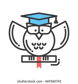 School and education vector flat design single isolated icon, pictogram. Owl in graduation hat holding a certificate
