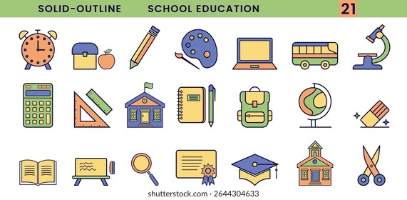 School and Education Vector Icon Set. Solid Outline Style Icons of Learning, Teaching, Stationery, and Classroom Elements