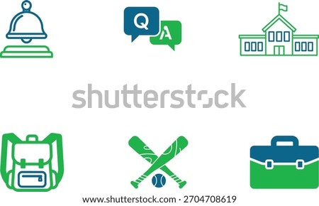 School and education vector icon set featuring diverse elements for learning and academic success including bell question and answer school building backpack baseball equipment and briefcase