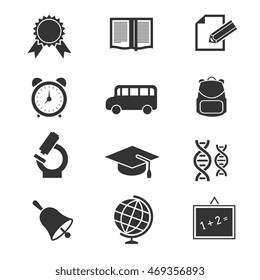 School and education vector icons. Blackboard and globe, cap and bell illustration