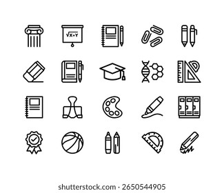 School and education vector icons collection. Thin line style, editable strokes. Includes learning tools, classroom elements, and digital education symbols.