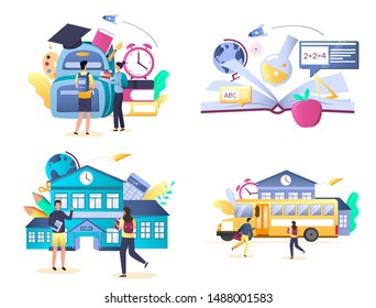 School and education vector illustration set isolated on white background. School building, bus, pupils, backpack, graduation hat, stationery and other school supplies.