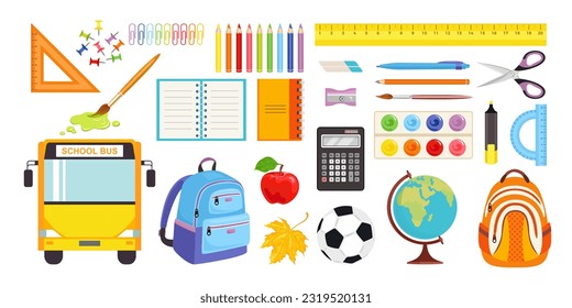 School and education vector illustrations. Collection of  cartoon icons with school supplies.