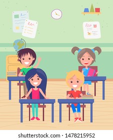 School education vector, pupils sitting by desk answering questions. Classroom with tables and chairs, globe and chest of drawers, studying kids. Back to school concept. Flat cartoon