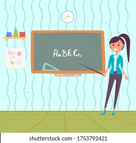 School education vector, teacher holding pointer showing abc on blackboard. Learning to write and read, getting elementary knowledge, explanation on board. Back to school concept. Flat cartoon