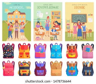 School education vector, teacher with students at lesson. Discipline learning, tutor with pupils in classroom. Bags with accessories and supplies. Back to school concept. Flat cartoon