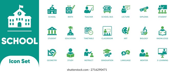 Vectores escolares y educativos. Presenta símbolos de autobús, matemáticas, arte y biología. Ideal para App de aprendizaje, Sitios web escolares y portales de estudiantes.