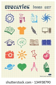 School and education web icons set drawn by color pencils. Hand drawn vector elements pack isolated on paper
