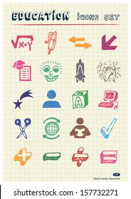 School and education web icons set drawn by color pencils. Hand drawn vector elements pack isolated on paper