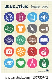 School and education web icons set drawn by chalk. Hand drawn vector elements pack isolated on paper