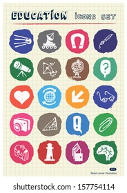 School and education web icons set drawn by chalk. Hand drawn vector elements pack isolated on paper