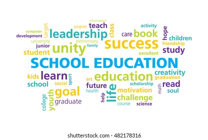 School Education word cloud vector template. Modern education concept. Use for youth targeted product & interior decoration, illustration, infographics. Vector illustration. Editable
