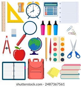 School and education workplace items. Vector flat illustration of school supplies. Isolated school, education workspace accessories on white background. Infographic elements for web, presentation.