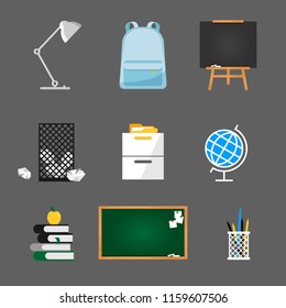 School and education workplace objects and items. Vector flat illustration of school  room supplies. Set of isolated education accessories on grey background.