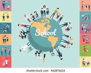 School education in the world concept. Pupils and teachers holding hands around the globe. Set of illustrations with learning process, pupils in school uniform, teacher near blackboard, school subject