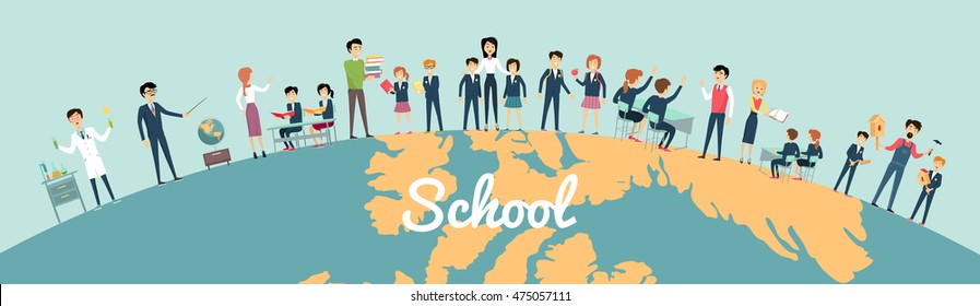 School education in the world concept. Pupils and teachers holding hands around the globe on blue background. Illustrations with learning process, pupils in school uniform, teacher near blackboard.