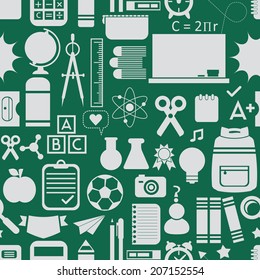 School and educational icons, background, and seamless pattern- Off white silhouettes on green background