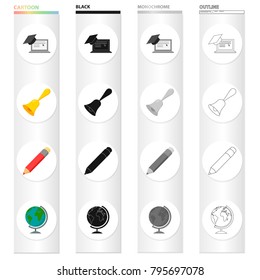 School, educational institution and other web icon in cartoon style.Geography, drawing, objects icons in set collection.