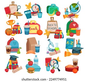 School Educational Items with Backpack and Lunch with Different Snacks Big Vector Set