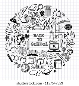 School and educational symbols. Text Back to school. Doodles vector illustration.