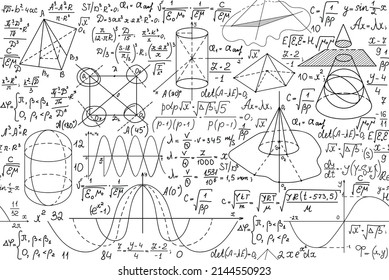 School educational vector seamless pattern with handwritten mathematical formulas, plots, figures