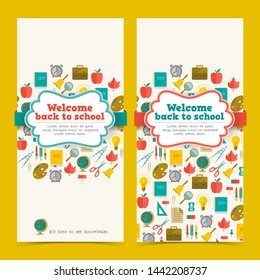 School educational vertical banners with colorful stickers text flat supplies icons on yellow background isolated vector illustration