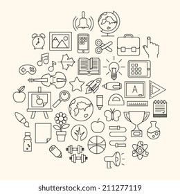 School educations icons set. Education and training. Office equipment. Isolated vector illustration. Design for stickers, logo, web and mobile app.