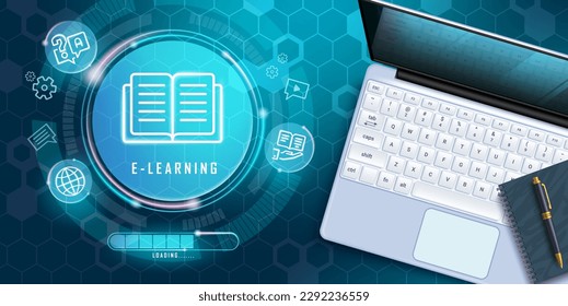 School e-learning vector design. Back to school e learning online class and course using laptop learning device. Vector illustration online education advertisement. 