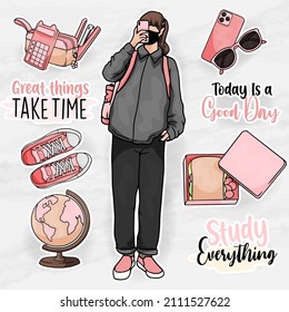 
school element clip art with beauty girl clip art elements