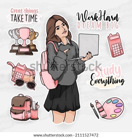 
school element clip art with cute girl clip art elements