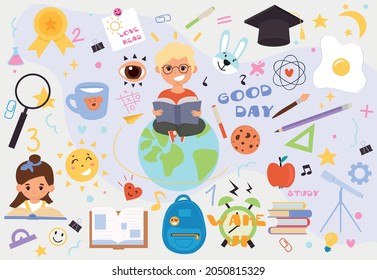 Kollektion von Schulelementen. Der kleine Junge sitzt auf dem Globus und liest Buch. Herbst, 1. September. Briefkasten, Lehrbücher, Stifte, Bleistifte. Cartoon-FlachVektorgrafiken einzeln auf weißem Hintergrund