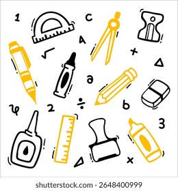 School element doodles on set background. Back to school hand drawn vector illustration.