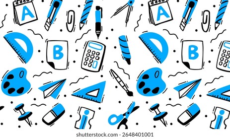 School element doodles on set background. Back to school hand drawn vector illustration.