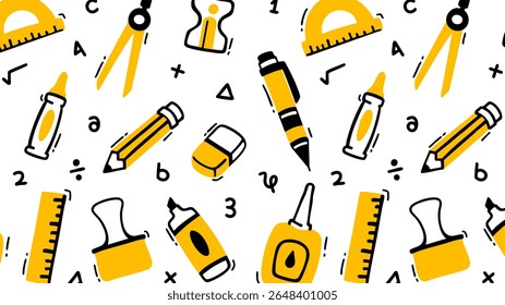 School element doodles on set background. Back to school hand drawn vector illustration.