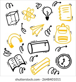 School element doodles on set background. Back to school hand drawn vector illustration.